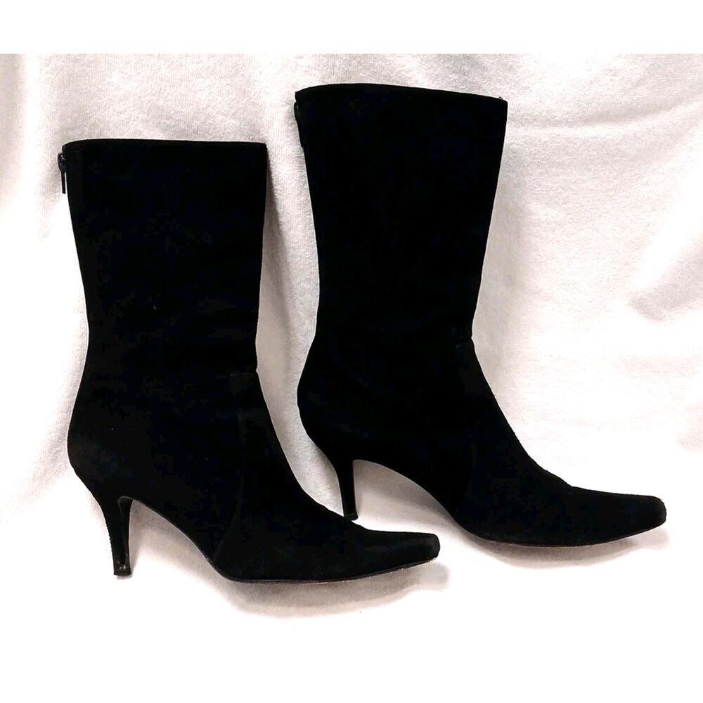 Stuart Weitzman Mid Calf Boot Suede Leather 8B Black Pointed Toe Stiletto $595